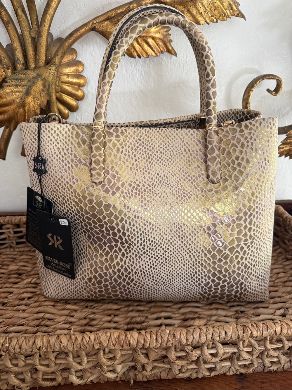 Taupe Snake-Embossed Tote with Gold Accents